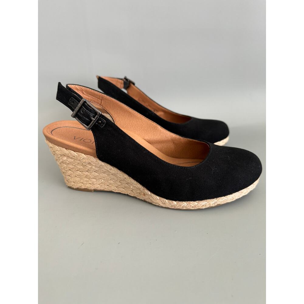 Vionic Black Espadrille Wedge Slingback Heels | Comfort Arch Support | Size 7.5